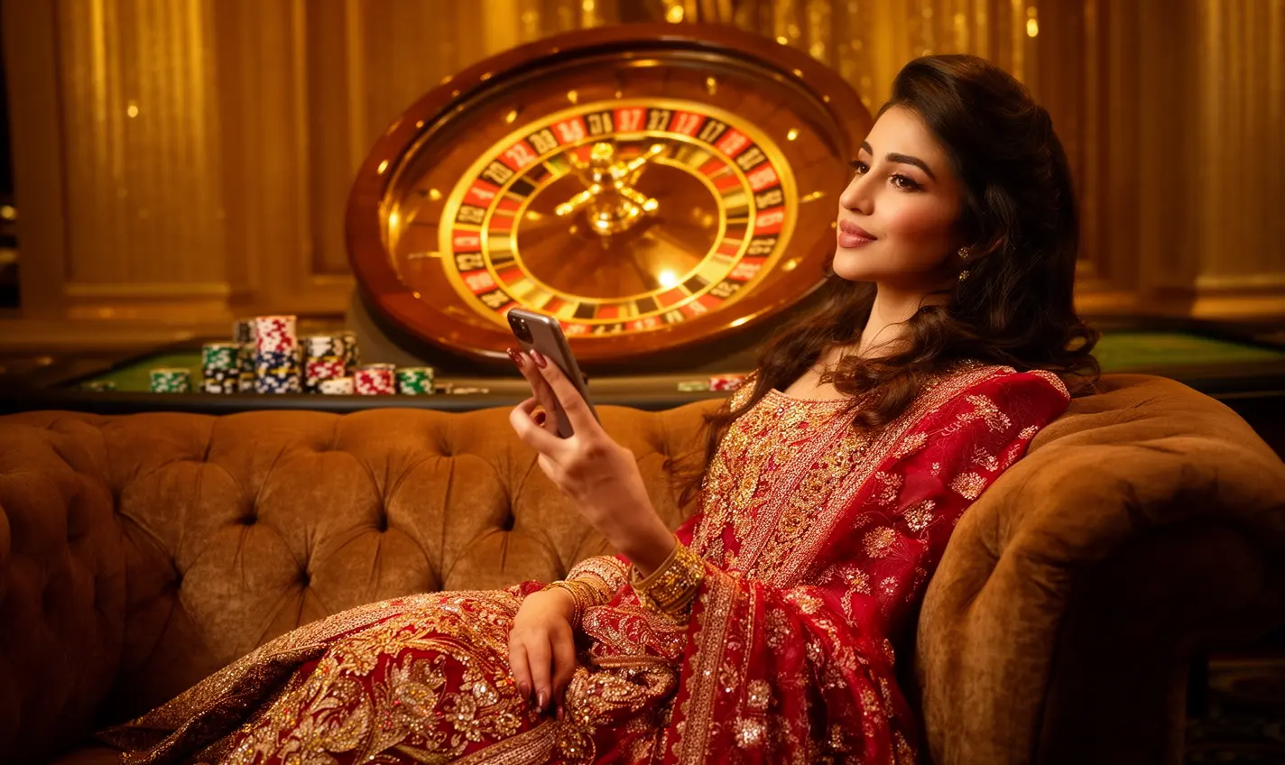 Elegant Bangladeshi woman relaxing on a luxury sofa while using the 74BD casino app with a glowing roulette wheel behind her