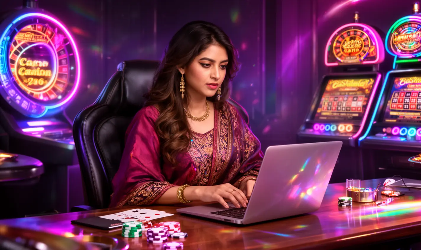Stylish woman working on a laptop in a neon casino environment with colorful lights and gaming visuals showcasing the immersive online casino experience at 74BD for players in Bangladesh
