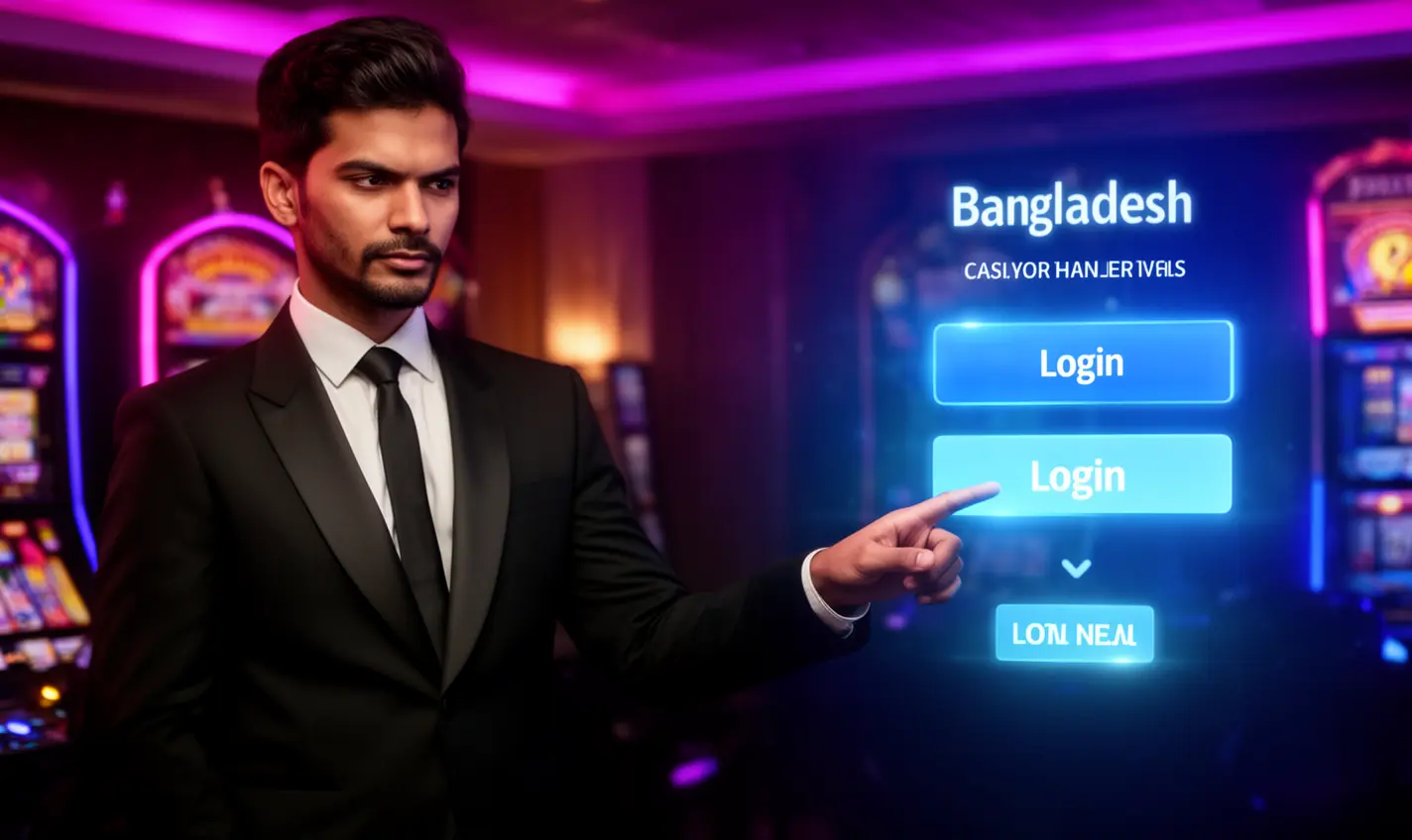 Elegant Bangladeshi casino host guiding players to secure access inside the 74BD platform with a glowing login interface