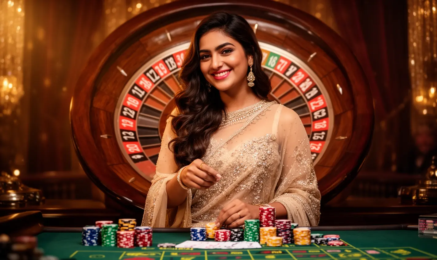 Stylish casino player enjoying the game with chips in hand and a glowing roulette wheel behind her representing thrilling gameplay at 74BD in Bangladesh