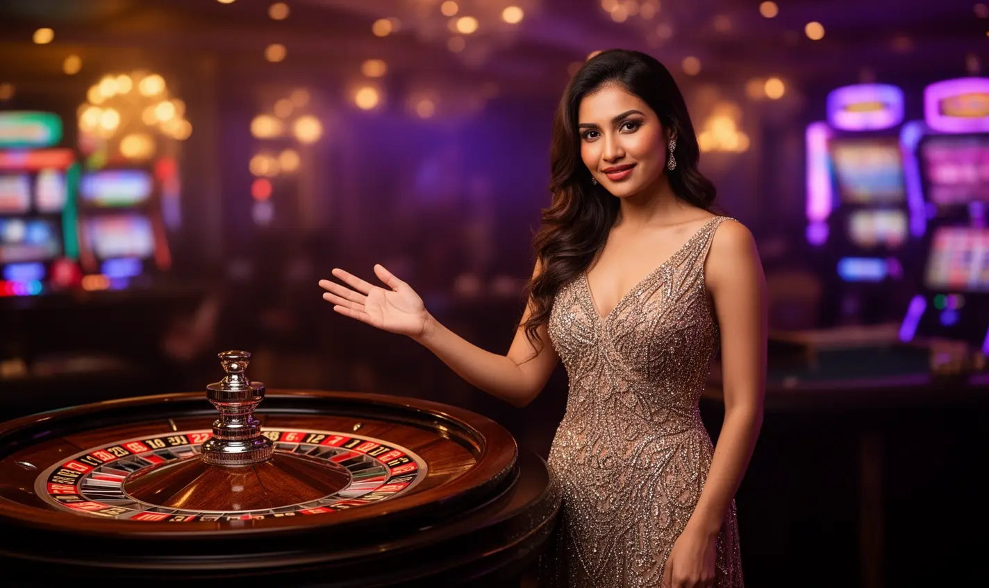 Elegant live casino hostess in a sparkling evening dress presenting a roulette table in a luxurious gaming atmosphere at 74BD casino for players in Bangladesh
