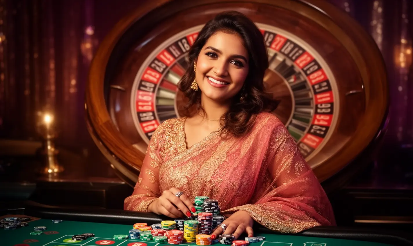 Confident Bangladeshi woman holding casino chips with a glowing roulette wheel behind her representing premium gaming entertainment at 74BD