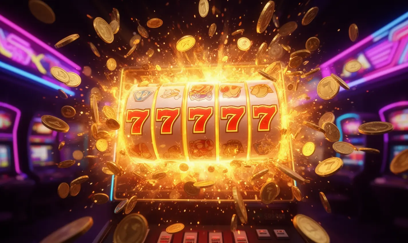 Luxury slot machine with triple seven symbols and cascading gold coins creating a jackpot atmosphere at 74BD online casino for players in Bangladesh